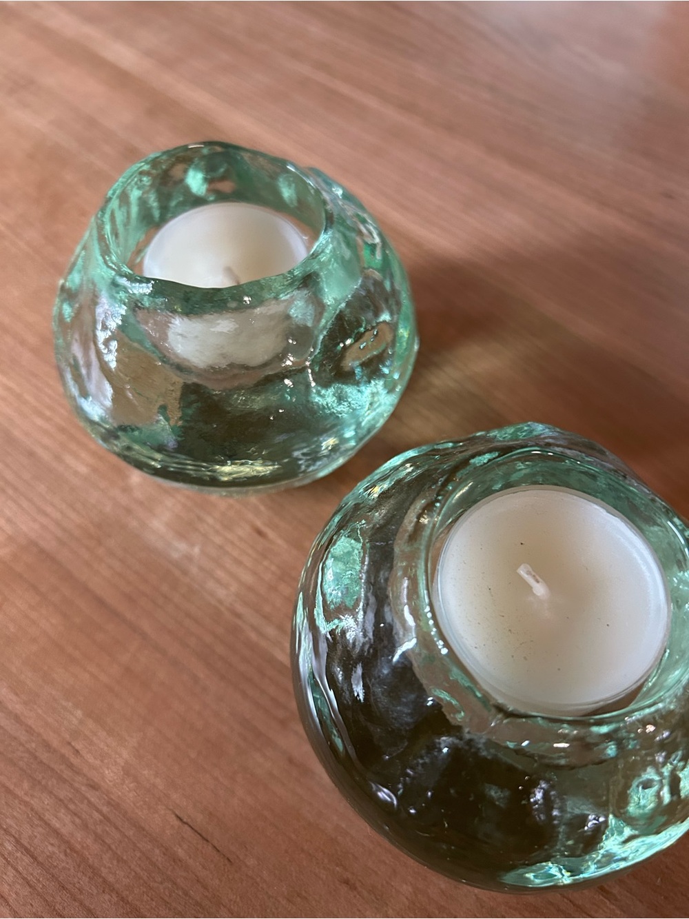 NWOT Set of 2 Sea Glass Green Handblown Tealight Holders, Thumbprint Design